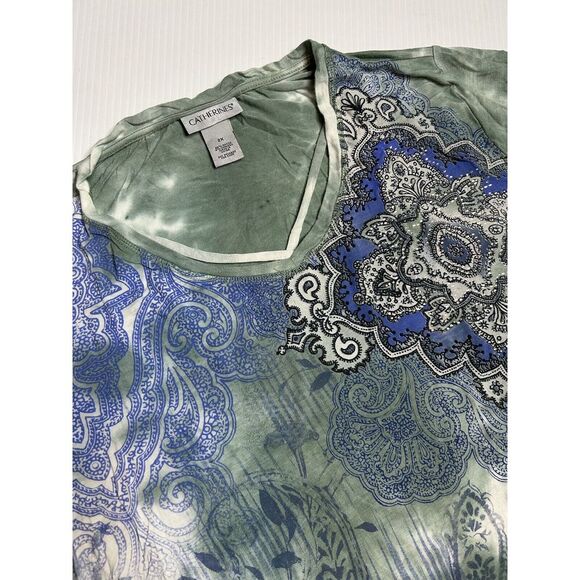 Catherines 2x Green V-Neck Short Sleeve Sparkle Boho Geometric Tunic Shirt - Picture 1 of 6